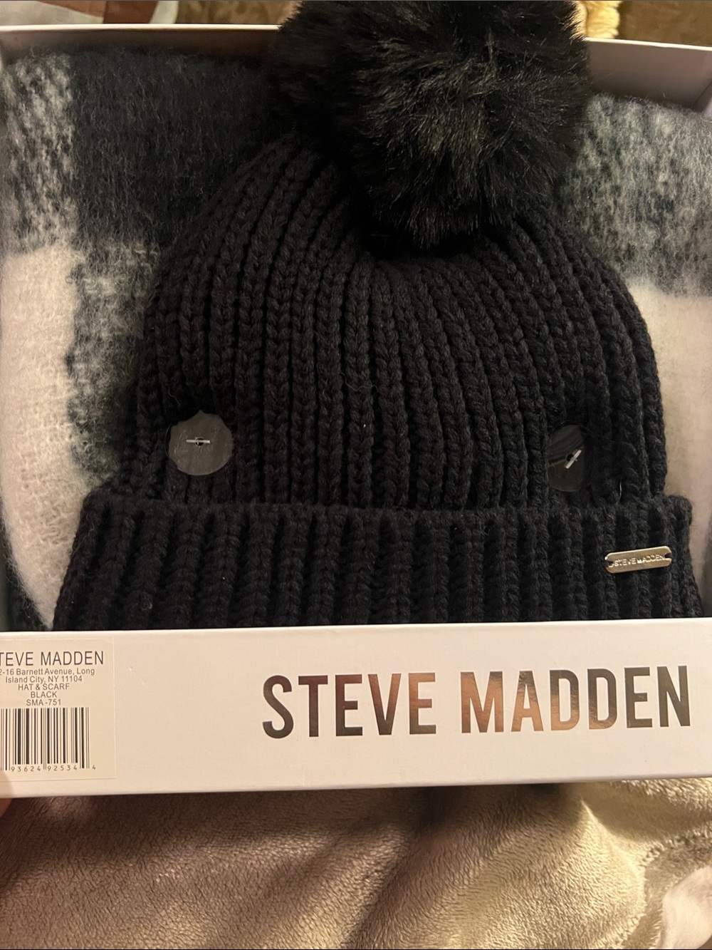 Steve Madden Black Ribbed Knit Beanie with Faux Fur Pom and English Plaid Scarf